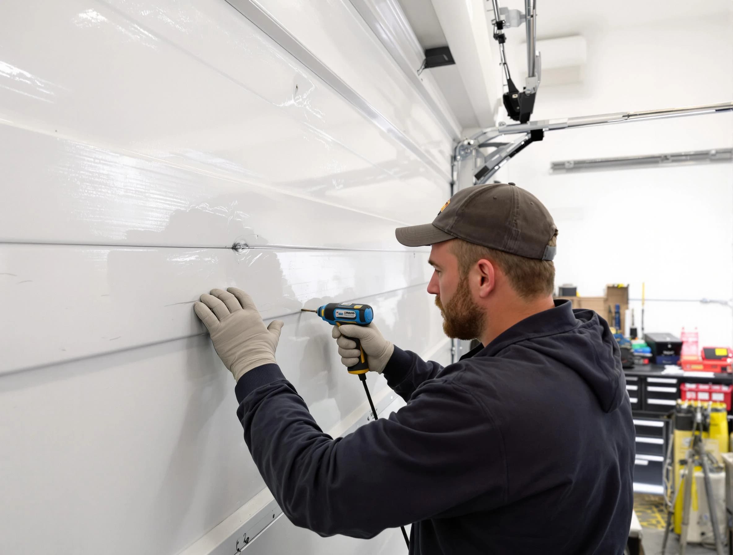 Florence Garage Door Repair technician demonstrating precision dent removal techniques on a Florence garage door